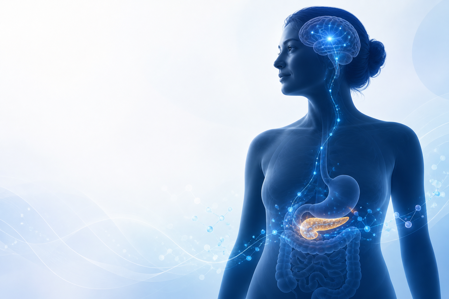 Ilustración educativa de las señales entre cerebro, estómago, intestino y páncreas.