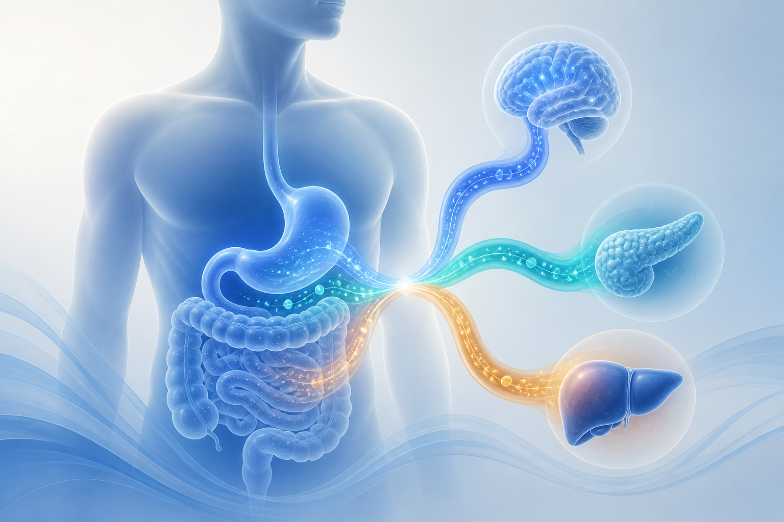 Ilustración de vías de señalización entre intestino, cerebro, páncreas e hígado.