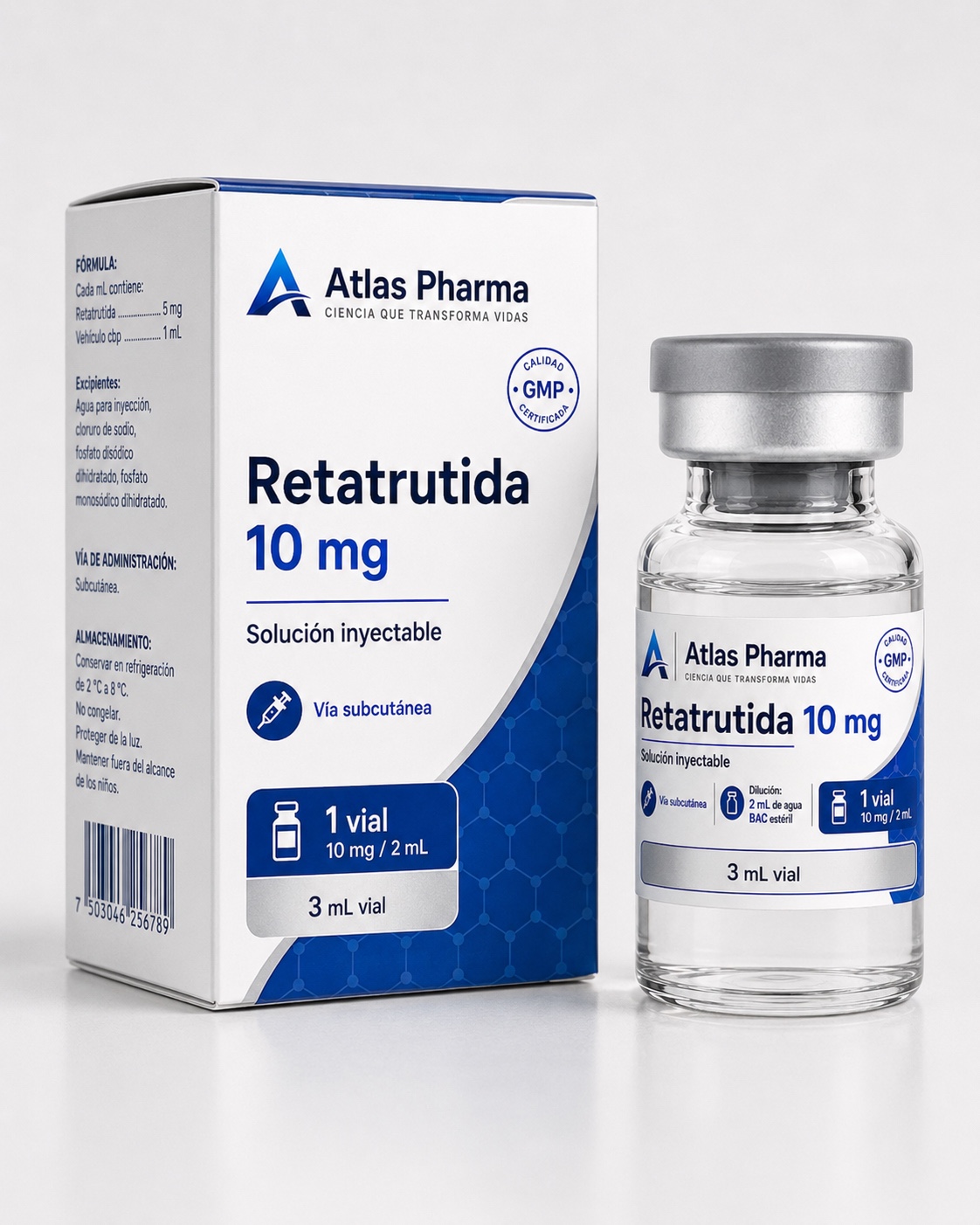 Envase y vial de Retatrutida de Atlas Pharma