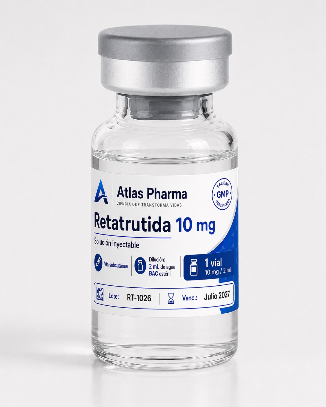 Envase y vial de Retatrutida de Atlas Pharma